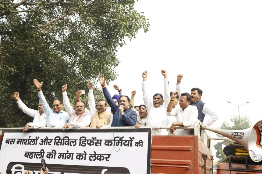 Delhi BJP stage protest over reappointment of bus marshals, detained