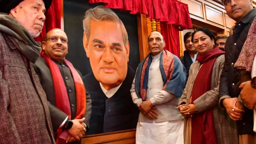 MoD Rajnath Singh unveils portraits of Atal Bihari Vajpayee and Madan Mohan Malviya at Delhi Assembly